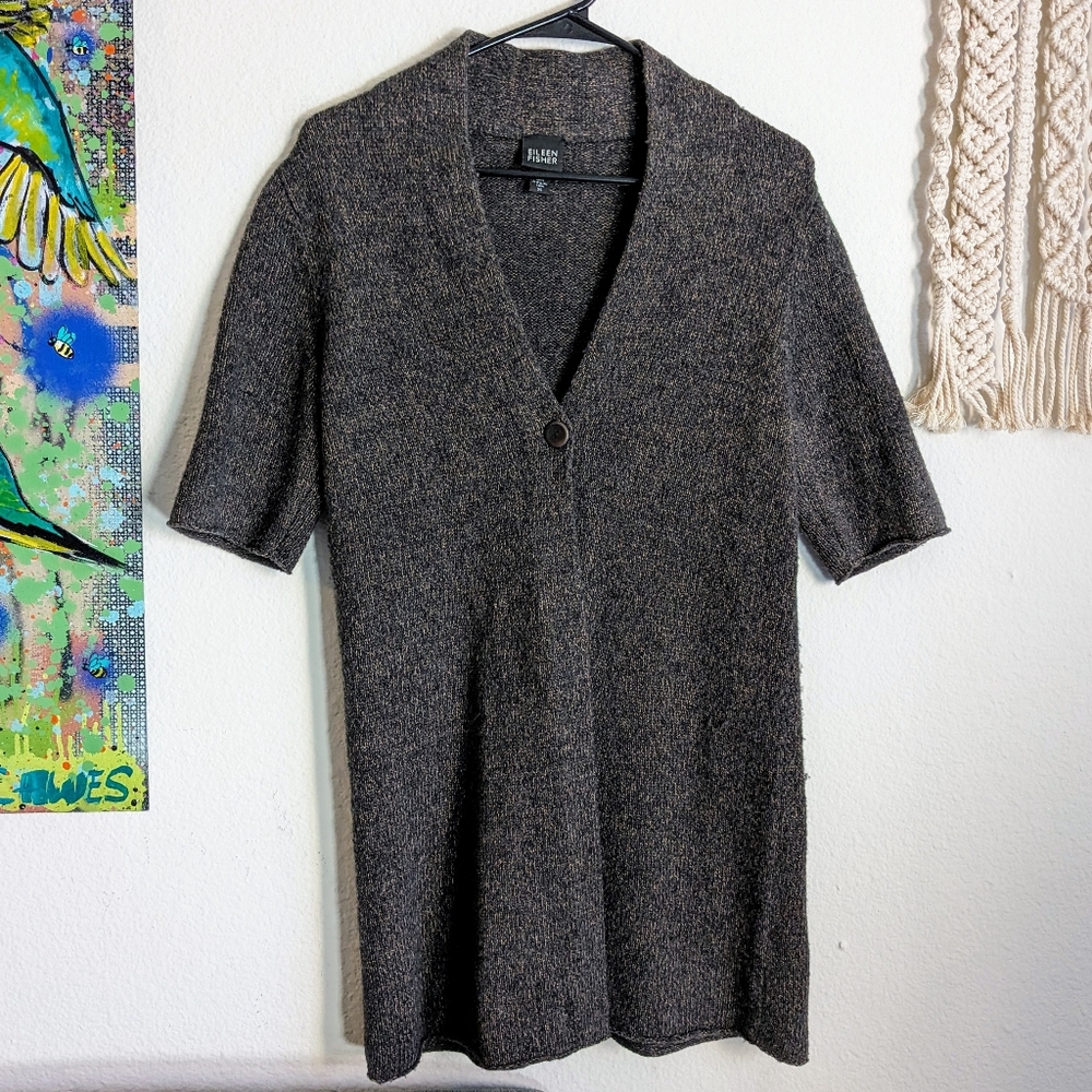 Eileen Fisher Merino Wool Half Sleeve One Button Cardigan Sweater Brown XS